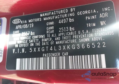 2019 Kia Optima S from USA, damaged, VIN 5XXGT4L3XKG366522